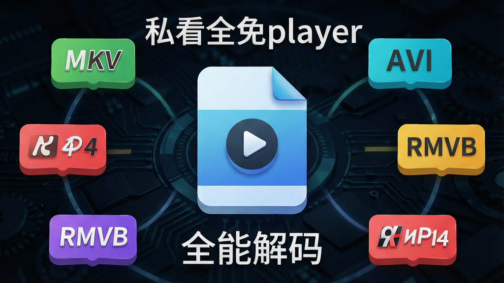 主体:私看全免player软件在手机后台解码多种视频格式的示意图,画面中央有一个视频文件图标,周围环绕着MP4、MKV、AVI、RMVB等格式标签。布局:图标居中,格式标签呈环形排列,背景为深色科技纹理。排版:视频文件图标上方有“私看全免player”字样,下方有“全能解码”四个字。风格:扁平化与3D结合,色彩鲜明,科技感强。细节:格式标签各有不同颜色,图标带有播放按钮。画质:超清,光影自然,干净无多余元素。