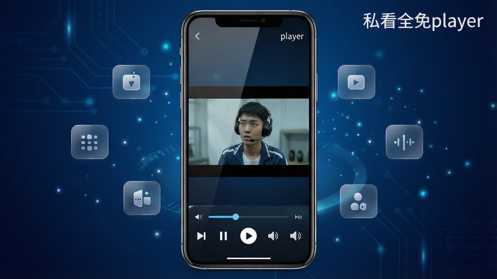主体:私看全免player软件界面展示,手机屏幕中播放高清视频,画面清晰流畅,周围有半透明的功能按钮悬浮。布局:手机居中,屏幕朝前,背景为渐变的深蓝色科技感光效,屏幕内容为主要视觉焦点。排版:手机屏幕内显示播放器控制栏,底部有播放/暂停、进度条、音量等图标,右上角显示“私看全免player”字样。风格:现代简洁,科技感,UI设计精致,光影柔和。细节:屏幕反射轻微光泽,界面图标清晰可辨,背景有微弱的粒子光点装饰。画质:8K超高清,细节丰富,色彩准确,干净无多余元素。