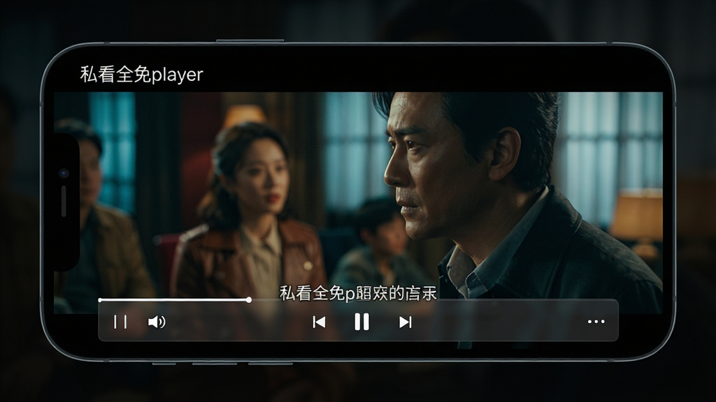 主体:私看全免player播放界面,正在播放一部高清电影,画面色彩丰富。布局:手机横屏展示,屏幕占据主要区域,周围有暗色背景衬托。排版:屏幕左上角显示“私看全免player”字样,底部有播放控制条。风格:影院级视觉,光影氛围浓厚。细节:画面细节丰富,字幕清晰,控制条半透明。画质:超高清,色彩细腻,干净无多余元素。