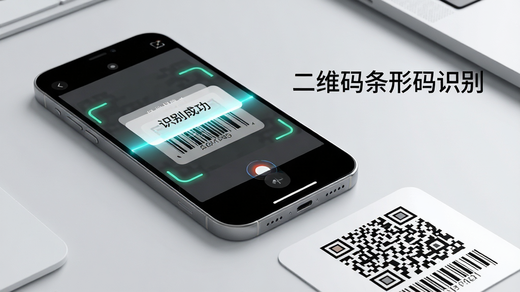 主体:一部智能手机屏幕正对一张印有二维码和条形码的卡片,屏幕中显示扫描线正在识别条形码,旁边有“二维码条形码识别”字样。布局:手机居中偏左,卡片位于右下角,背景为干净的浅灰色工作台面。排版:手机屏幕中显示识别结果弹窗,带有“识别成功”文字。风格:写实产品渲染图,光线明亮柔和。细节:屏幕上的扫描线发光,条形码清晰可辨,手机边缘有金属质感。画质:8K超清,干净,无多余元素。