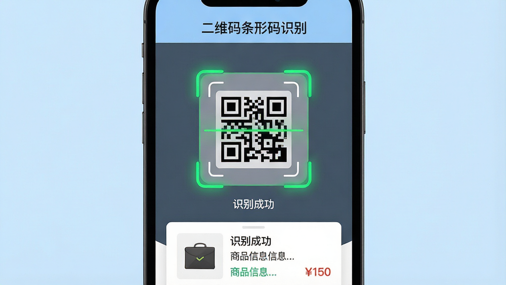 主体:智能手机屏幕展示二维码识别界面,屏幕中一个绿色框对准二维码,下方显示“识别成功”和商品信息。布局:手机屏幕占据画面中央,背景为浅蓝色渐变。排版:屏幕上方有“二维码条形码识别”软件名称,中间为扫码取景框,下方为结果卡片。风格:扁平化UI设计,色彩清新。细节:扫描框四角有发光线条,结果卡片显示商品图片和价格。画质:清晰锐利,干净,无多余元素。