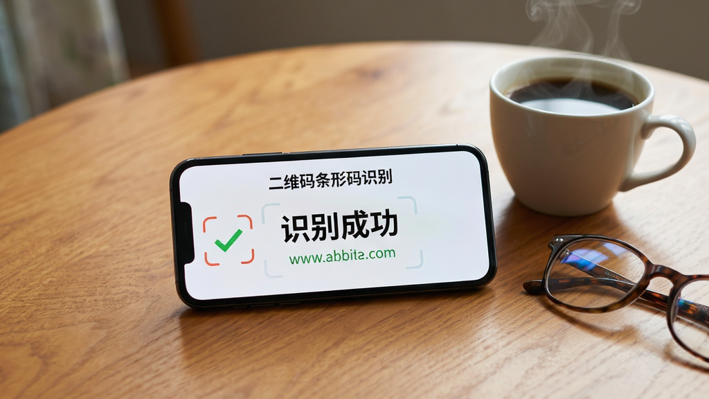主体:智能手机横屏放置在桌面,屏幕显示识别结果,旁边有一杯咖啡和眼镜。布局:手机位于中央,背景为温暖的木纹桌面。排版:手机屏幕中显示“识别成功”和网址信息,屏幕上方有“二维码条形码识别”字样。风格:生活化场景摄影,自然光。细节:屏幕内容清晰可见,咖啡杯冒热气,眼镜反光。画质:高清,干净,无多余元素。