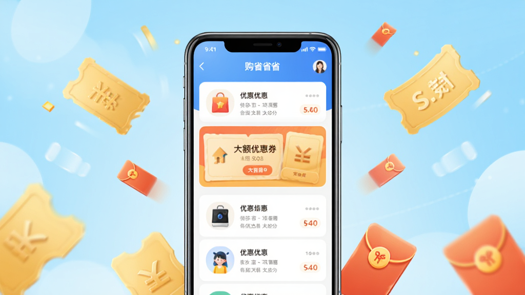 购省省APP主界面展示,手机屏幕内显示购物优惠列表、大额优惠券领取页面,背景为清新的浅蓝色渐变,手机居中摆放,周围有金色优惠券和红包元素点缀,整体风格明亮活泼,界面排版清晰,画质高清干净,无多余元素