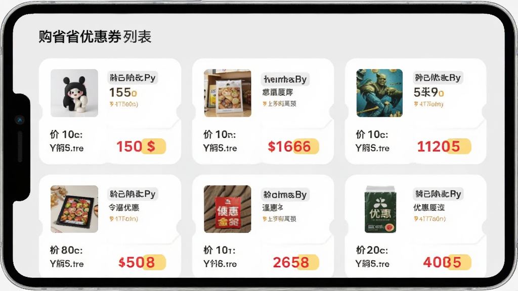 购省省优惠券列表页面,屏幕上展示多个商品优惠券卡片,每个卡片包含商品图片、价格、优惠券金额,背景为浅灰色,卡片采用圆角设计,整体布局简洁明了,画质清晰,无多余元素