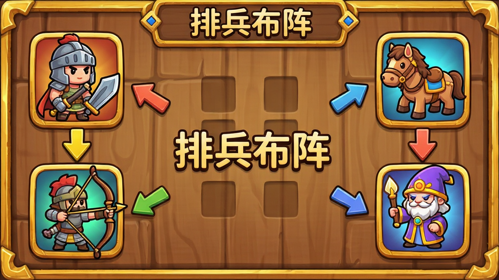 主体:游戏界面截图,展示兵种相克关系图,四个兵种图标环绕,中间是“排兵布阵”字样。布局:左右对称,左侧为步兵与弓兵,右侧为骑兵与法师,顶部为标题。排版:居中排列,图标大小统一,背景为木纹质感。风格:Q版卡通,色彩鲜艳,线条圆润。细节:每个兵种图标下方有克制箭头标识,界面有金色边框装饰。画质:高清,干净,无多余元素。