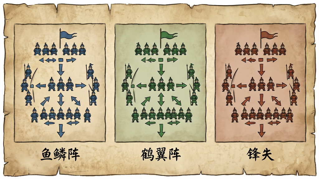 主体:古代阵法示意图,展示鱼鳞阵、鹤翼阵、锋矢阵三种阵法的兵力分布。布局:三幅小图并排,每幅图下方标注阵法名称,背景为羊皮卷质感。排版:横向排列,每个阵法用不同颜色区分。风格:古朴手绘风,线条流畅,颜色沉稳。细节:士兵用小旗表示,阵法箭头指示方向清晰。画质:细腻,干净,无多余元素。