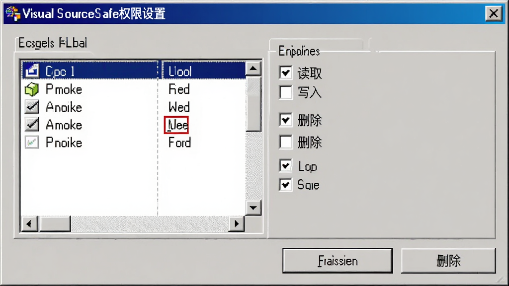 Visual SourceSafe权限设置界面,显示用户列表和权限复选框,界面为经典Windows对话框样式,包含“读取”、“写入”、“删除”等选项,画质清晰,无多余元素