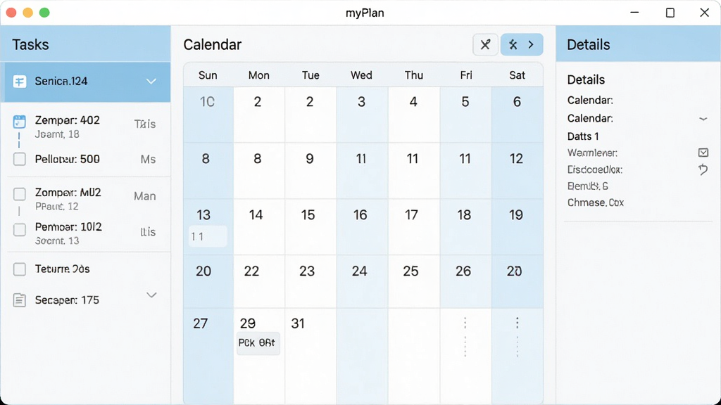 myPlan软件主界面截图,展示左侧任务列表、中间日历视图、右侧详情面板,整体采用浅蓝与白色配色,扁平化设计风格,界面干净整洁,画质清晰,无多余元素