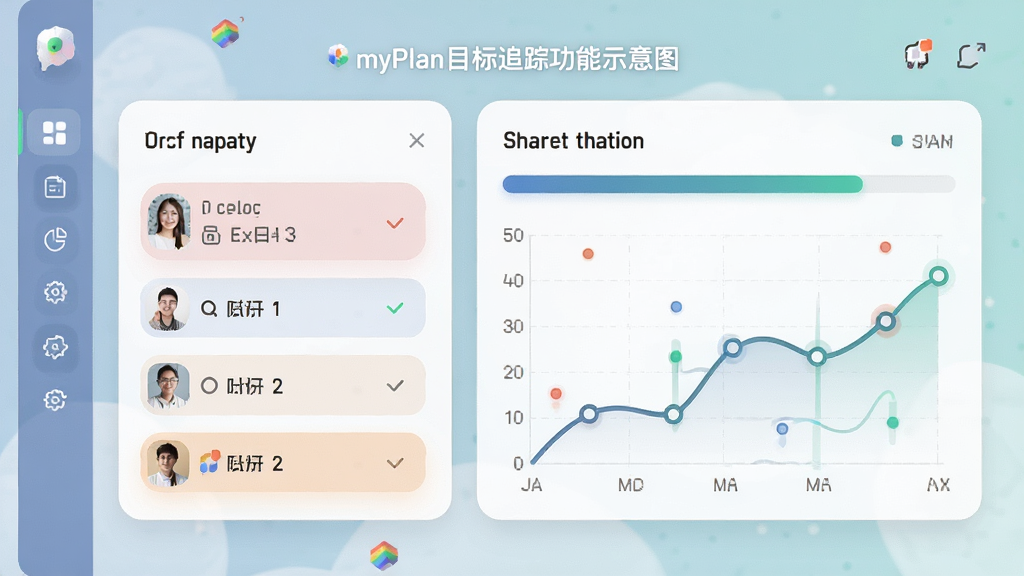 myPlan目标追踪功能示意图,展示目标列表与进度条,包含折线统计图,界面采用卡片式布局,色彩柔和,细节丰富