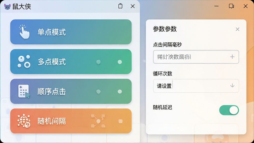 鼠大侠软件功能展示图,画面左侧为多种连点模式选择卡片,包括“单点模式”、“多点模式”、“顺序点击”、“随机间隔”,每个卡片配有小图标;右侧为参数设置面板,包含点击间隔毫秒输入框、循环次数设置、随机延迟开关;整体界面设计清爽,色彩搭配和谐,风格现代,细节精致,画质清晰,无多余元素,图片中显示“鼠大侠”字样。