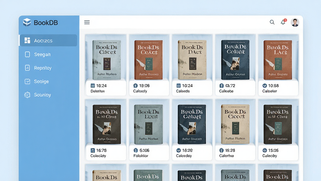 一幅展示BookDB软件主界面的高清概念图,主体是一个整洁明亮的数字图书馆书架布局,左侧是清晰的功能导航栏,右侧是排列整齐的书籍封面缩略图网格,每本书下方标注书名和作者,界面采用现代扁平化设计风格,以淡蓝色和白色为主色调,画面细节丰富,画质清晰干净,无多余元素