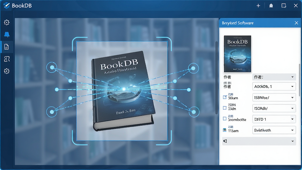一张BookDB软件自动识别图书信息的操作界面截图预览图,主体是软件主窗口,中心区域显示一本正在被扫描识别的书籍,周围有蓝色的数据读取线条和节点,右侧弹出信息编辑面板,展示自动填充的书籍封面、作者、ISBN等字段,整体布局清晰,采用科技感蓝色调,界面干净整洁,画质高清,无多余元素