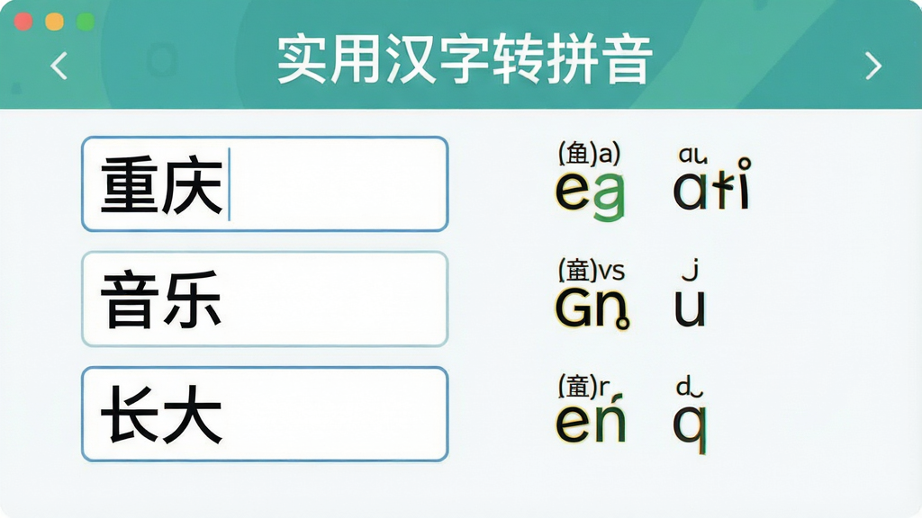 一张「实用汉字转拼音」软件功能展示图,画面主体为软件操作界面,左侧是输入了“重庆”、“音乐”、“长大”等词语的文本框,右侧对应显示出带有正确音标的拼音结果。图片采用扁平化设计风格,排版清晰,色调清新,强调智能识别功能,画质干净,无多余元素。