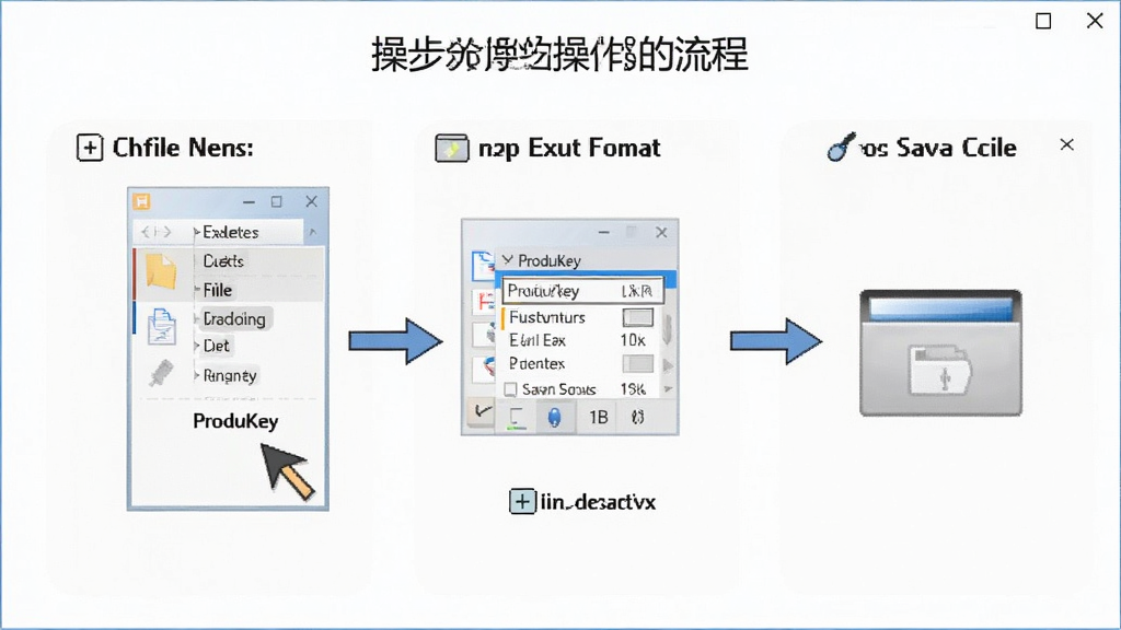 主体为一张操作示意图,布局为分步操作流程,第一步点击文件菜单,第二步选择导出格式,第三步保存文件,风格简洁,细节上标注“ProduKey”软件名称,画质干净,无多余元素