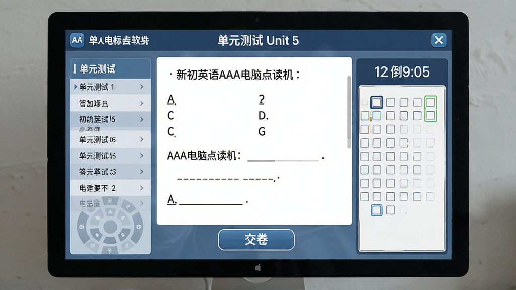 主体:电脑屏幕上显示新目标初中英语AAA电脑点读机的单元测试界面,有选择题和填空题,右侧有答题卡和倒计时。布局:屏幕中央是题目区,左侧是题目列表,底部是交卷按钮。排版:题目字体清晰,选项排列整齐,答题卡小方格设计合理。风格:考试风格界面,严肃但不压抑。细节:屏幕顶部有“单元测试 Unit 5”字样,包含软件名称。画质:高清,无多余元素。