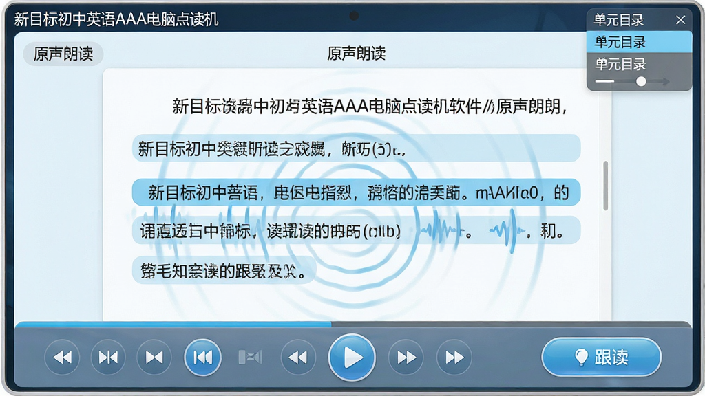 主体:新目标初中英语AAA电脑点读机软件正在播放课文朗读,界面显示课文文本并高亮当前朗读句子,同时有音波动画效果。布局:界面中央是课文文本区,底部是播放控制条和跟读按钮,右上角显示单元目录。排版:文本段落清晰,高亮颜色为浅蓝色,按钮图标一目了然。风格:现代教育软件风格,界面简洁明快。细节:屏幕左上角有软件名称“新目标初中英语AAA电脑点读机”,界面中有“原声朗读”字样。画质:高清渲染,整洁干净。