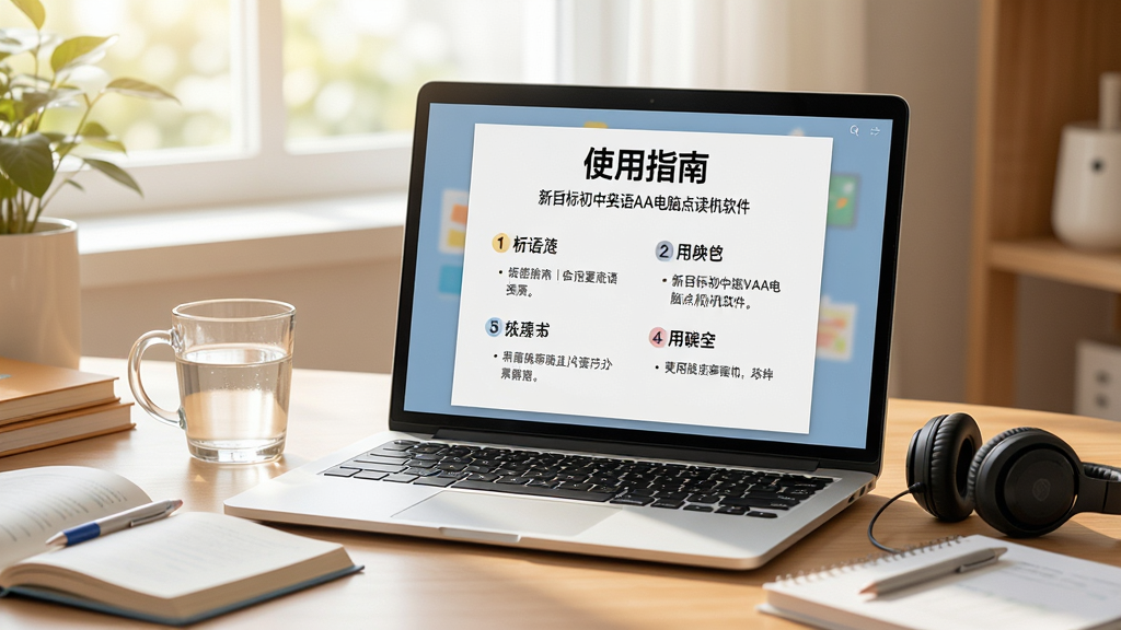 主体:一台笔记本电脑运行新目标初中英语AAA电脑点读机软件,旁边放着一杯水和耳机,屏幕显示使用指南文档。布局:笔记本电脑位于画面中央,周围有学习用品,光线明亮。排版:屏幕上的使用指南文字清晰可见,步骤编号整齐。风格:生活化场景,温馨舒适。细节:屏幕上有“使用指南”标题和软件名称。画质:高清,干净自然。
