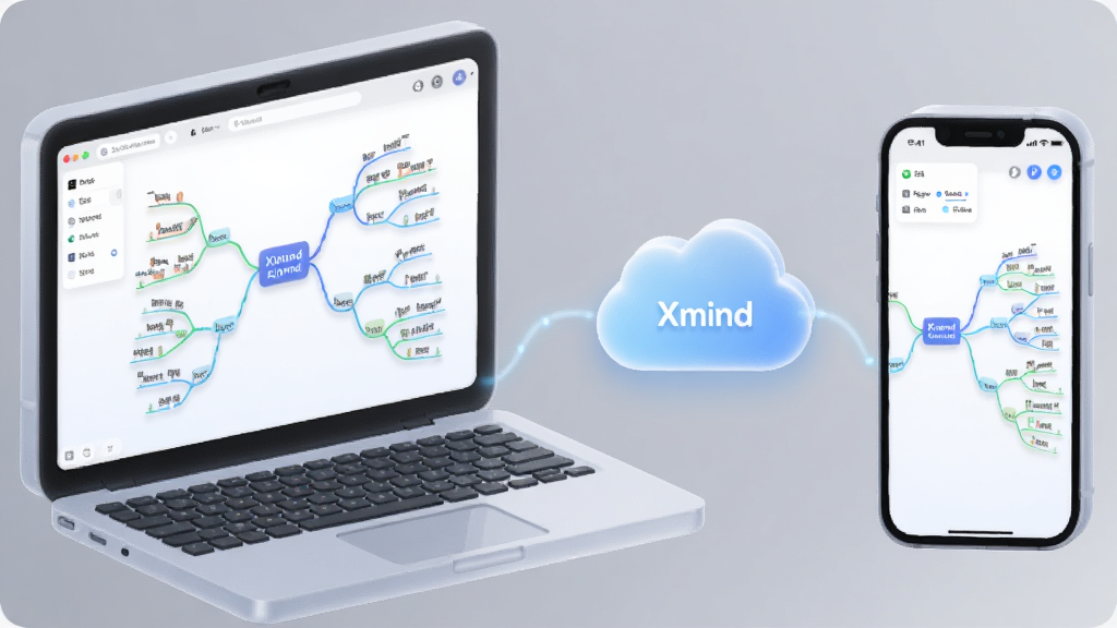 一幅展示Xmind云同步功能的概念图,画面左侧是一台笔记本电脑,右侧是一部智能手机,两者通过一个发光的云朵图标连接。屏幕上都显示着相同的思维导图内容,但视角和大小略有不同。背景为浅灰色的科技感渐变底色。整体采用3D渲染风格,元素立体圆润,光线通透,突出