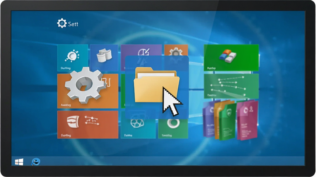 主视觉画面,一台运行着Windows 8现代化界面的电脑显示器位于画面中央,屏幕上有几个核心设置图标,如齿轮、文件夹、鼠标指针悬浮排列,背景为柔和的蓝色科技光晕,整体风格干净明亮,布局中心对称,扁平化设计,细节清晰,无多余元素,画质高清
