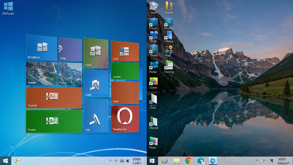 对比图,左边是默认的Windows 8蓝色桌面,右边是通过Windows8TweakTool定制后的桌面,壁纸变为风景图,任务栏变为透明效果,图标风格统一且不同,画面清晰,细节丰富,干净无多余元素