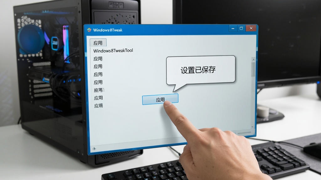 操作示意图,一只手正在点击Windows8TweakTool界面中的“应用”按钮,屏幕上有“设置已保存”的提示气泡,背景为电脑主机和键盘,画面聚焦,干净整洁,细节到位