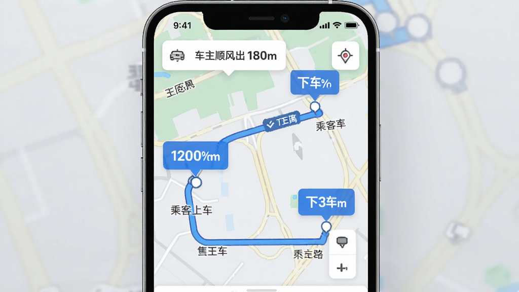 展示车主顺风出发APP路线匹配功能的示意图,主体为手机地图界面,上面清晰标注了车主规划路线与乘客上车点、下车点,路线以蓝色高亮显示,顺路匹配度以醒目百分比标签展示,布局直观,风格简约,细节包括道路名称、距离提示等,画质清晰干净。