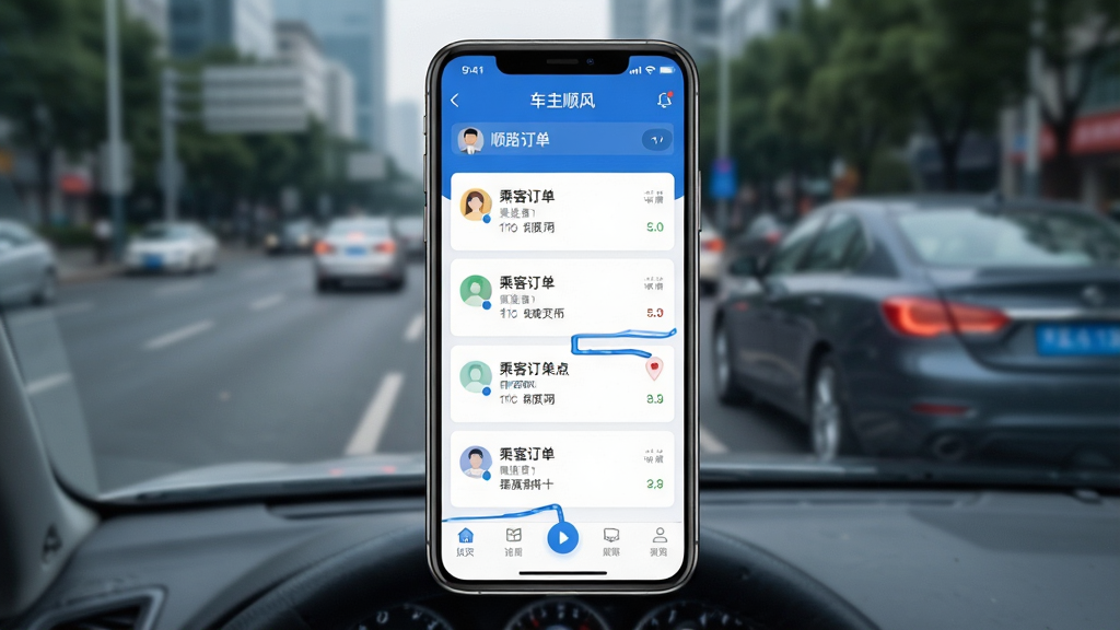 一张展示车主顺风出发APP核心界面的高清截图,主体为手机屏幕上的APP主界面,背景是模糊的城市道路与汽车,界面中显示顺路订单列表、乘客信息、路线规划等核心功能模块,布局清晰明快,采用蓝白主色调,风格现代简洁,细节丰富,画质清晰干净无多余元素。