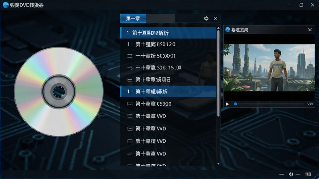 主体:软件正在解析DVD光盘,界面显示章节列表;布局:左侧光盘图标,右侧章节列表与预览窗口;排版:列表式排列,清晰标注;风格:科技感,深色背景搭配蓝色高亮;细节:界面出现“狸窝DVD转换器”字样、章节信息、预览画面;画质:高清,干净,无多余元素