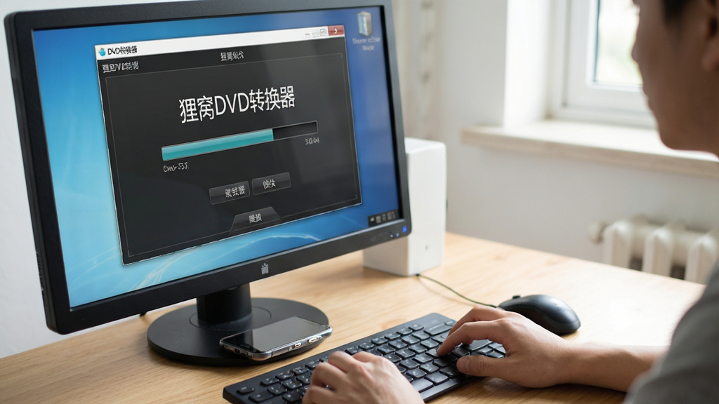 主体:用户正在电脑上操作狸窝DVD转换器,旁边放有手机;布局:电脑屏幕显示软件界面,手机置于桌面;排版:自然场景,人物手部动作清晰;风格:写实生活化,光线明亮;细节:界面出现“狸窝DVD转换器”字样、转换进度条;画质:高清,干净,无多余元素