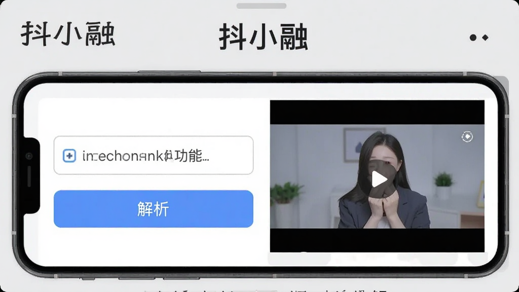 一张展示“抖小融”软件智能解析功能的界面截图,手机屏幕中显示一个链接输入框,下方有“解析”按钮,右侧显示解析成功的视频预览图。背景为浅灰色,界面简洁,突出“抖小融”品牌名称。画质高清,排版清晰,无多余元素。