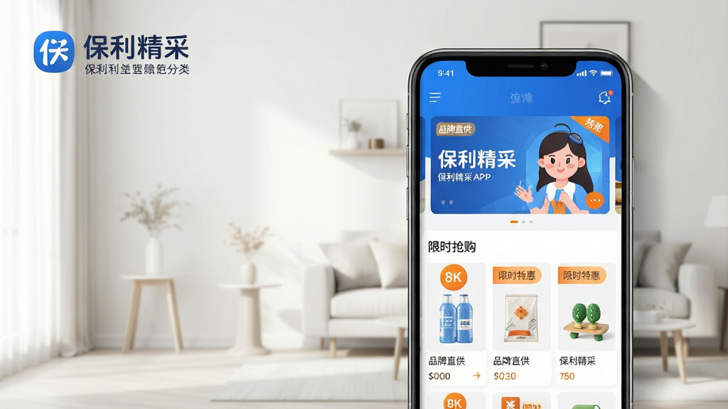 主体:保利精采APP界面展示,手机屏幕内显示商品分类、轮播 Banner、限时抢购板块,背景为现代简约风格的家居场景。布局:手机居中偏右,左侧留有空白区域,上方有“保利精采”品牌 Logo 与标语。排版:界面元素错落有致,Banner 占据上部三分之一,下方为两排商品卡片。风格:扁平化设计,主色调为蓝色与白色,搭配橙色点缀,整体明亮清新。细节:屏幕内商品图片清晰,文字标签如“品牌直供”“限时特惠”可见,光线柔和,投影自然。画质:8K 超清,干净无多余元素。