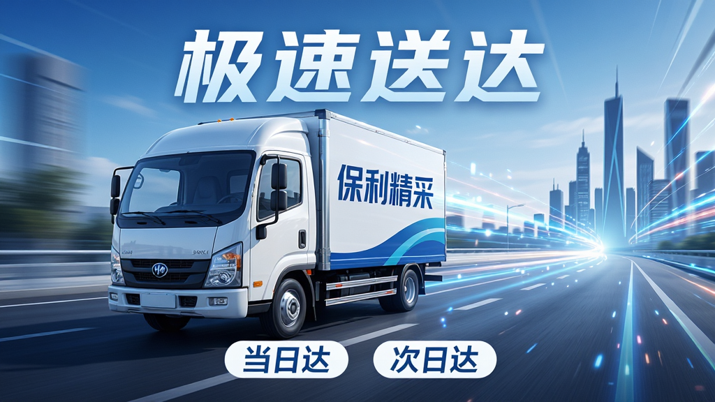 主体:保利精采物流配送场景,画面中一辆带有“保利精采”标识的快递车行驶在城市道路上,后方是快速移动的物流轨迹光带。布局:快递车位于画面中央偏左,右侧为抽象的城市剪影与速度线。排版:上方有“极速送达”字样,下方为“当日达”“次日达”标签。风格:写实与科技感结合,蓝色与白色主色调,动感十足。细节:快递车车身整洁,标识清晰,光带闪烁,天空晴朗。画质:高清写实,干净无多余元素。