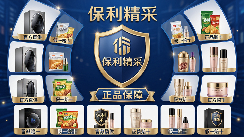 主体:保利精采品牌直供商品展示,画面中央为带有“保利精采”字样与盾牌图标的认证标识,周围环绕着各类商品(如家电、食品、美妆)。布局:认证标识居中,商品呈环形排列,下方有“正品保障”字样。排版:标识上方为品牌名称,下方为商品图片网格,整齐排列。风格:商务大气风格,蓝色与金色为主色调,突出信任感。细节:每件商品带有小标签,如“官方直供”“假一赔十”,光线明亮,质感高级。画质:高清渲染,干净无杂物。