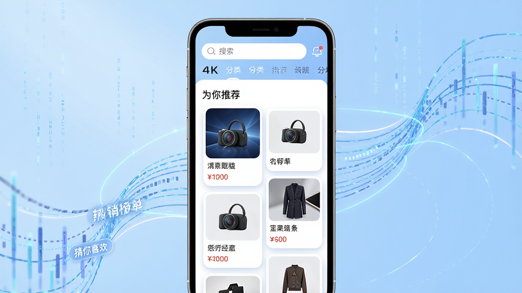 主体:保利精采APP的个性化推荐界面,手机屏幕上展示“为你推荐”板块,包含多件商品卡片,背景为抽象数据流线条。布局:手机屏幕居中,推荐商品以瀑布流形式排列,顶部有搜索栏和分类标签。排版:商品卡片大小不一,错落有致,每张卡片显示商品图、名称和价格。风格:科技感与时尚感结合,背景为浅蓝色渐变,卡片带有圆角阴影。细节:屏幕中可见“猜你喜欢”“热销榜单”标签,数据流线条动态延伸,画质清晰。画质:4K 超清,干净无多余元素。