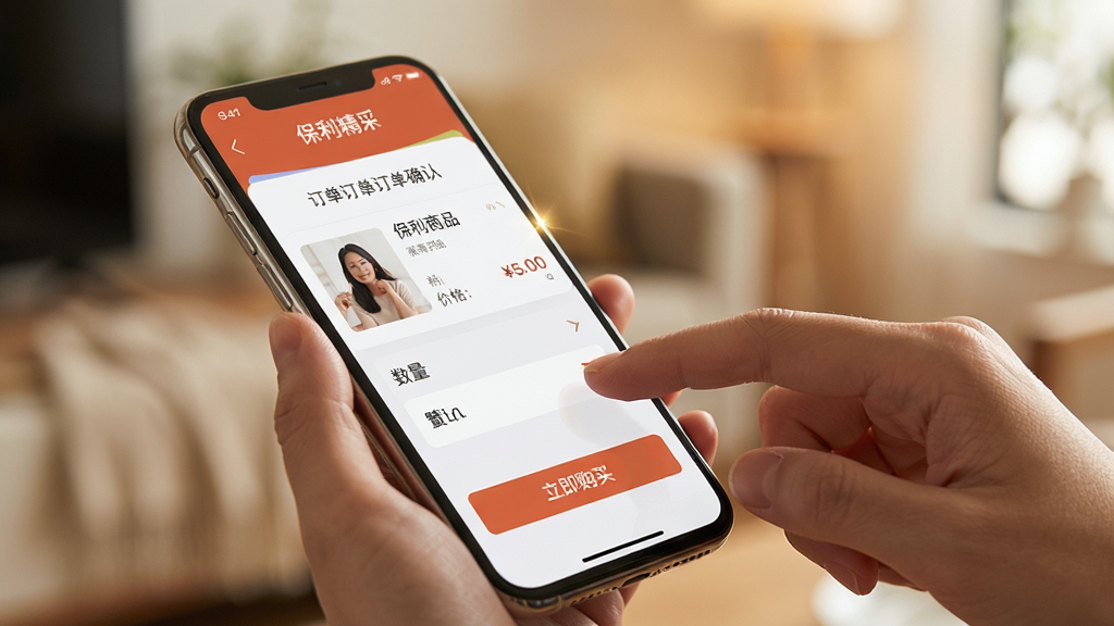 主体:用户使用手机操作保利精采APP,手指点击“立即购买”按钮,屏幕显示订单确认界面。布局:手机握持在用户手中,屏幕朝上,背景为模糊的室内环境。排版:屏幕中的订单信息清晰可见,包括商品图、价格、数量。风格:写实生活风,色调温暖自然。细节:用户手指轻触屏幕,手机边缘有轻微反光,背景有柔光效果。画质:高清写实,干净无多余元素。