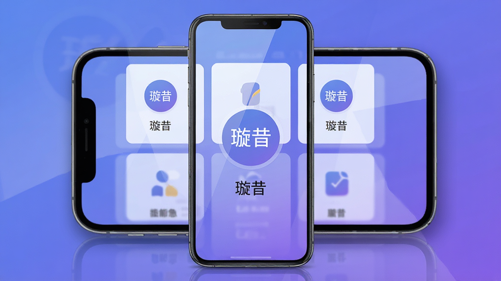 主体:一款名为“璇昔”的智能手机应用界面,屏幕中央显示简洁的功能卡片和圆形图标,图标上带有“璇昔”二字。布局:手机居中,背景为渐变蓝紫色,界面元素分布均匀。排版:卡片式布局,图标下方有文字标签。风格:现代极简,扁平化。细节:屏幕反射柔和光线,边缘有细微阴影。画质:高清渲染,干净,无多余元素。