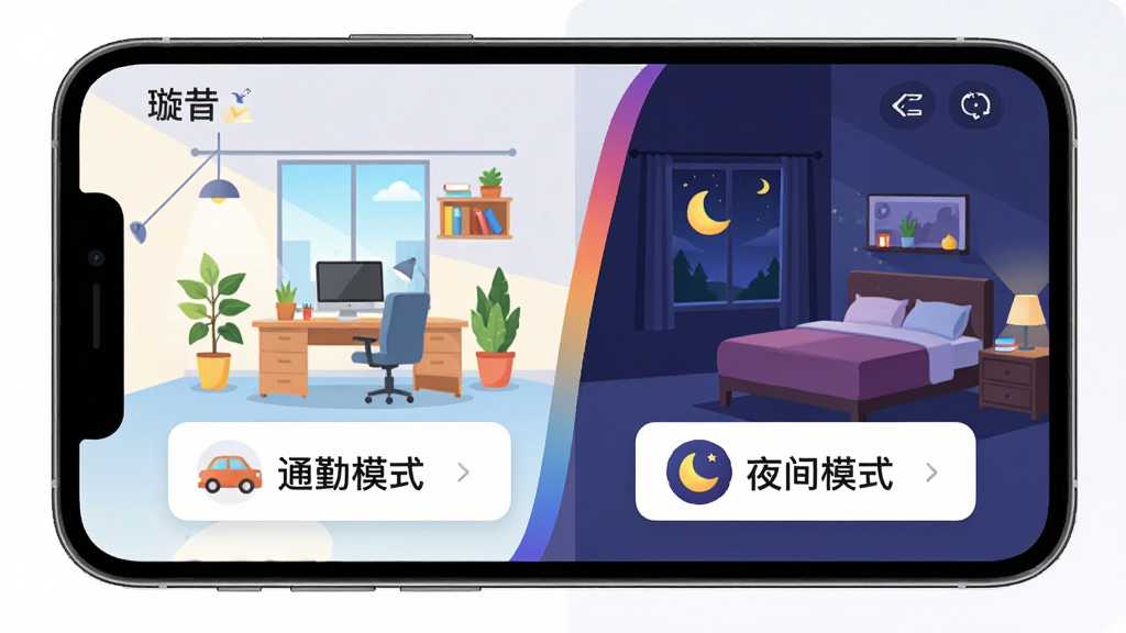 主体:手机屏幕展示“璇昔”应用的智能场景切换界面,左侧是白天办公室场景,右侧是夜晚卧室场景。布局:左右分屏,中间用渐变线过渡。排版:场景卡片上标有“通勤模式”“夜间模式”字样。风格:插画风,色彩明快。细节:每个场景有对应的小图标(如汽车、月亮)。画质:高清,干净,无多余元素。