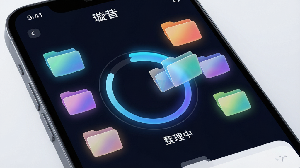 主体:手机屏幕显示“璇昔”应用的数据整理进度界面,文件图标被自动拖入不同文件夹。布局:中央为圆形进度环,周围环绕多个文件夹图标。排版:进度环下方有“整理中”文字。风格:科技感,线条流畅。细节:文件夹颜色各异,有微光效。画质:高清渲染,干净,无多余元素。