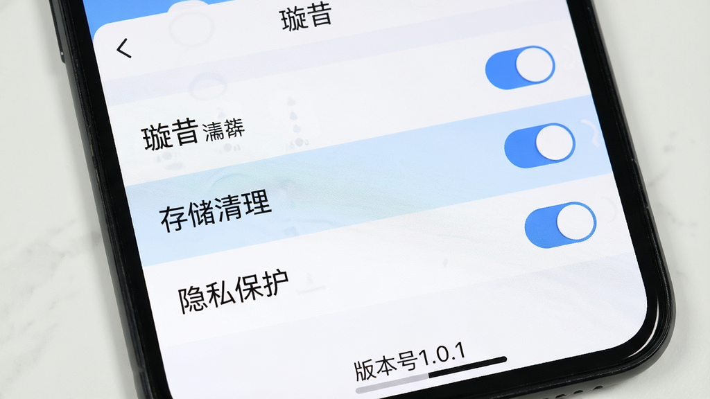 主体:手机屏幕显示“璇昔”应用的设置界面,高亮显示“存储清理”和“隐私保护”选项。布局:列表式布局,每个选项旁有开关按钮。排版:选项文字为黑色,开关为蓝色。风格:整洁清晰。细节:屏幕底部有“版本号1.0.1”字样。画质:高清,干净,无多余元素。