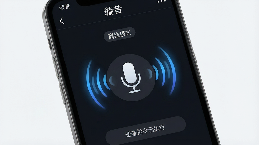 主体:手机屏幕显示“璇昔”应用的语音识别界面,声波动画在麦克风图标周围扩散。布局:麦克风位于屏幕中央,上方有“离线模式”标签。排版:声波动画为蓝色渐变色。风格:简约科技风。细节:底部有“语音指令已执行”提示。画质:高清,干净,无多余元素。