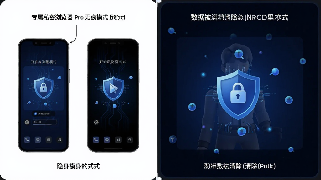 专属私密浏览器 Pro 无痕模式功能展示图,画面左侧为手机开启隐身模式的对比示意,右侧为数据被清除的动画帧,主色调为深蓝与黑色,突出隐私盾牌图标,布局直观,风格科技感,画质清晰干净。