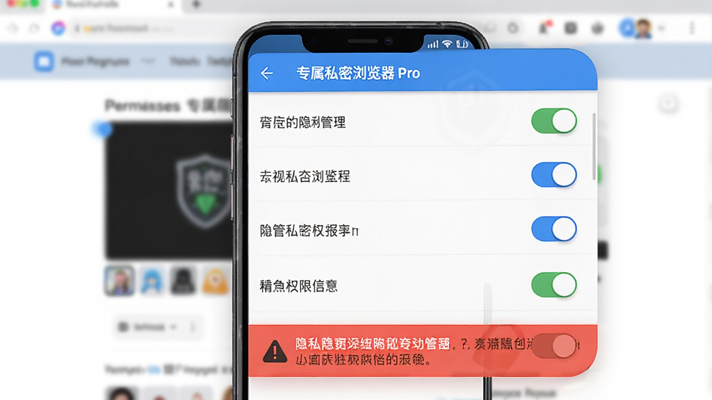 专属私密浏览器 Pro 隐私权限管理界面图,画面为手机屏幕展示应用权限列表,每个权限旁有开关按钮,下方有红色警告提示,背景为模糊的网页元素,风格简洁明了,突出安全性,画质清晰。