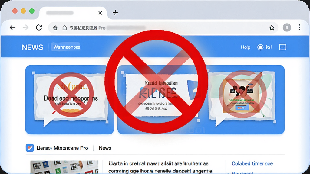 专属私密浏览器 Pro 智能广告拦截示意图,画面展示网页中广告区块被红色禁止符号覆盖,背景为干净整洁的新闻阅读页面,浏览器界面圆润,色调明亮清新,突出拦截效果,画质高清。