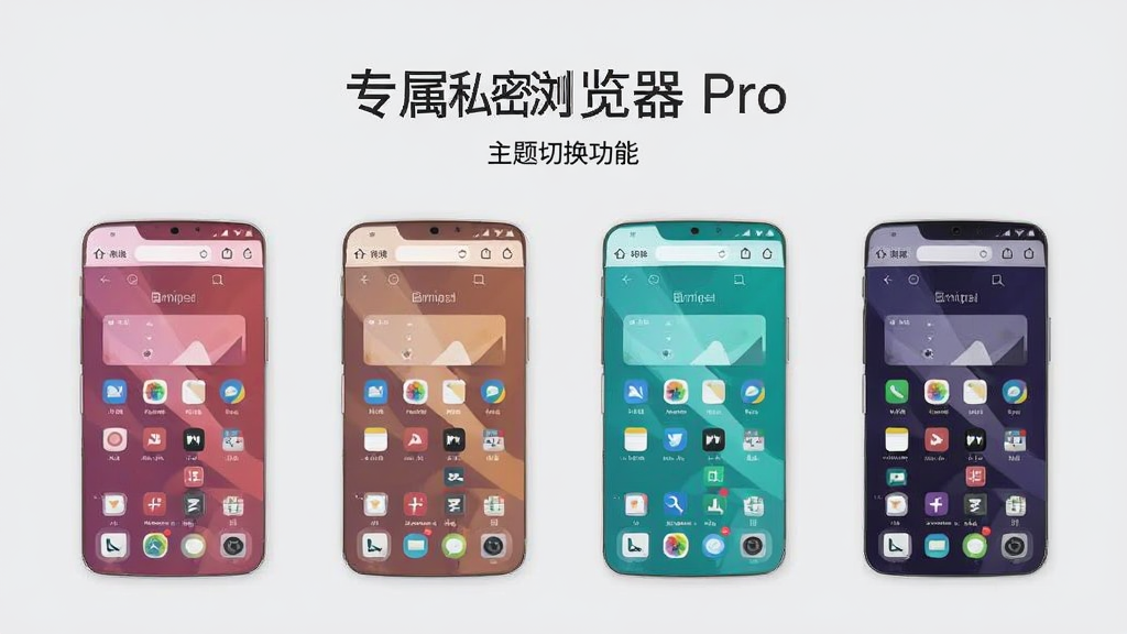 专属私密浏览器 Pro 主题切换功能展示图,画面展示四款不同颜色的浏览器皮肤缩略图,依次排列,背景为浅灰色调,突出“专属”个性化概念,布局整齐,风格扁平化,画质干净。