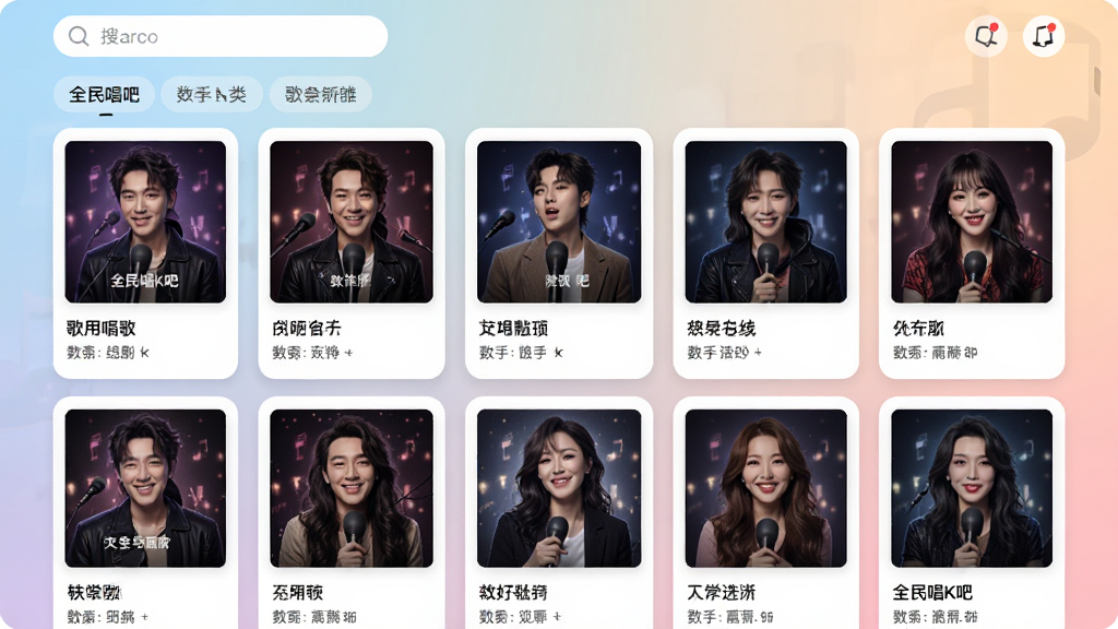 全民唱K吧免费唱歌曲列表页面预览图,界面采用卡片式布局,每张卡片显示歌曲封面、歌名和歌手名,背景为柔和的渐变色,顶部有搜索栏和分类标签,整体风格简洁明快,画质干净无多余元素