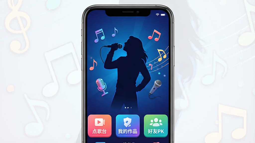 一幅展示全民唱K吧免费唱应用主界面的手机截图,界面以深蓝色渐变背景为主,中央是一个正在演唱的歌手剪影,周围环绕着音符和麦克风图标,下方排列着“点歌台”、“我的作品”、“好友PK”等彩色功能按钮,整体风格时尚动感,充满音乐氛围,画质清晰,干净无多余元素