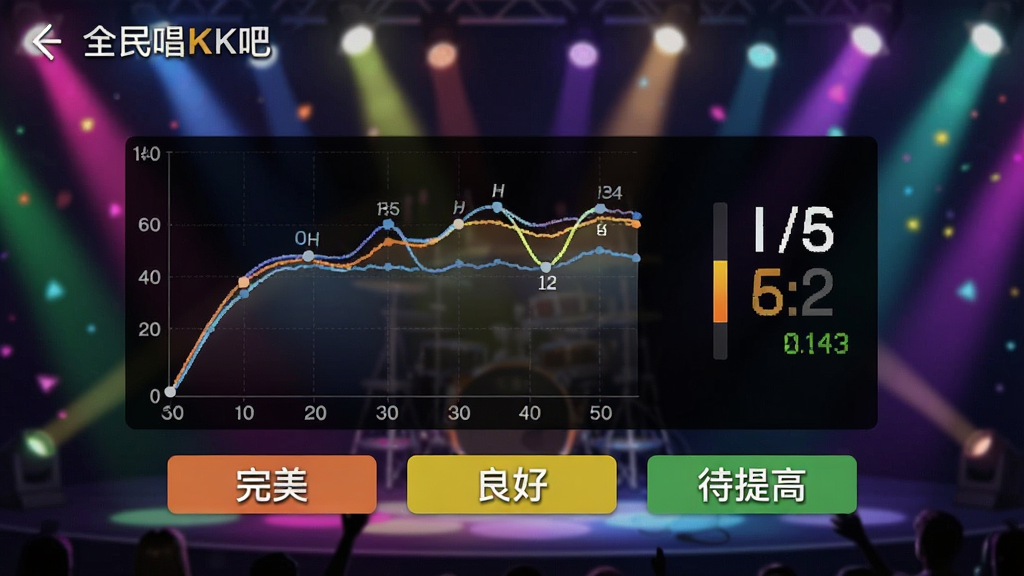 全民唱K吧免费唱演唱评分界面截图,屏幕中央显示实时音准曲线和评分数字,下方有“完美”、“良好”、“待提高”等评价标签,背景为舞台灯光效果,色彩鲜艳,画面清晰干净