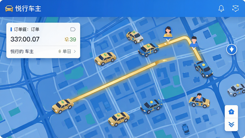 画面主体为一张城市电子地图,地图上分布着多个乘客叫车点与司机车辆图标,一条醒目的金色路线连接司机与乘客。布局为地图全屏展示,左上角显示“悦行车主”字样与订单信息卡片。排版采用扁平化设计,信息层级分明。风格为科技感UI设计,蓝色与金色为主色调,细节精致。画质清晰,干净,无多余元素。