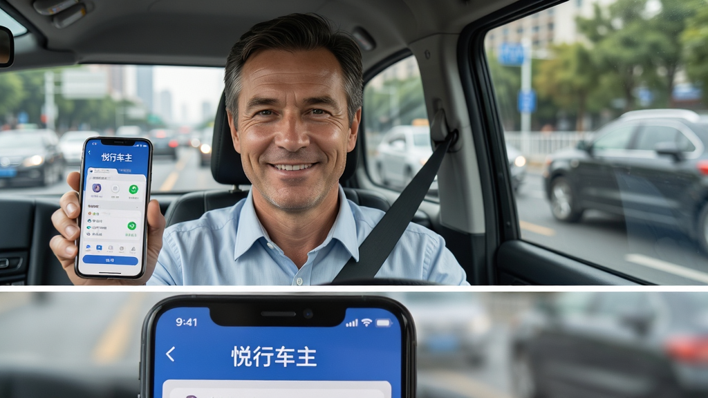 画面主体为一名面带微笑的中年男性司机,手持智能手机,屏幕清晰显示“悦行车主”应用界面,背景是城市道路与车辆。布局上司机位于画面中央偏左,右侧留白用于展示应用界面细节。排版采用上下结构,上方为司机半身像,下方为应用界面特写。风格为写实摄影风格,光线明亮自然,细节丰富。画质高清,干净,无多余元素。