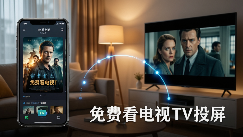 主体:一部智能手机屏幕中显示“免费看电视TV投屏”应用界面,旁边一台大屏智能电视正在播放高清电影画面,两者之间有一条发光的无线连接弧线。布局:手机位于画面左侧,电视位于右侧,中间留出空间展示连接线,背景为温馨的客厅环境,沙发和暖色灯光。排版:手机屏幕和电视屏幕内容清晰可见,应用名称以白色艺术字标注在电视画面下方。风格:写实与现代科技感结合,光线柔和,画质清晰。细节:手机屏幕和电视画面均显示电影海报,连接弧线带有动态光点,体现流畅投屏体验。画质:4K超清,干净,无多余元素。